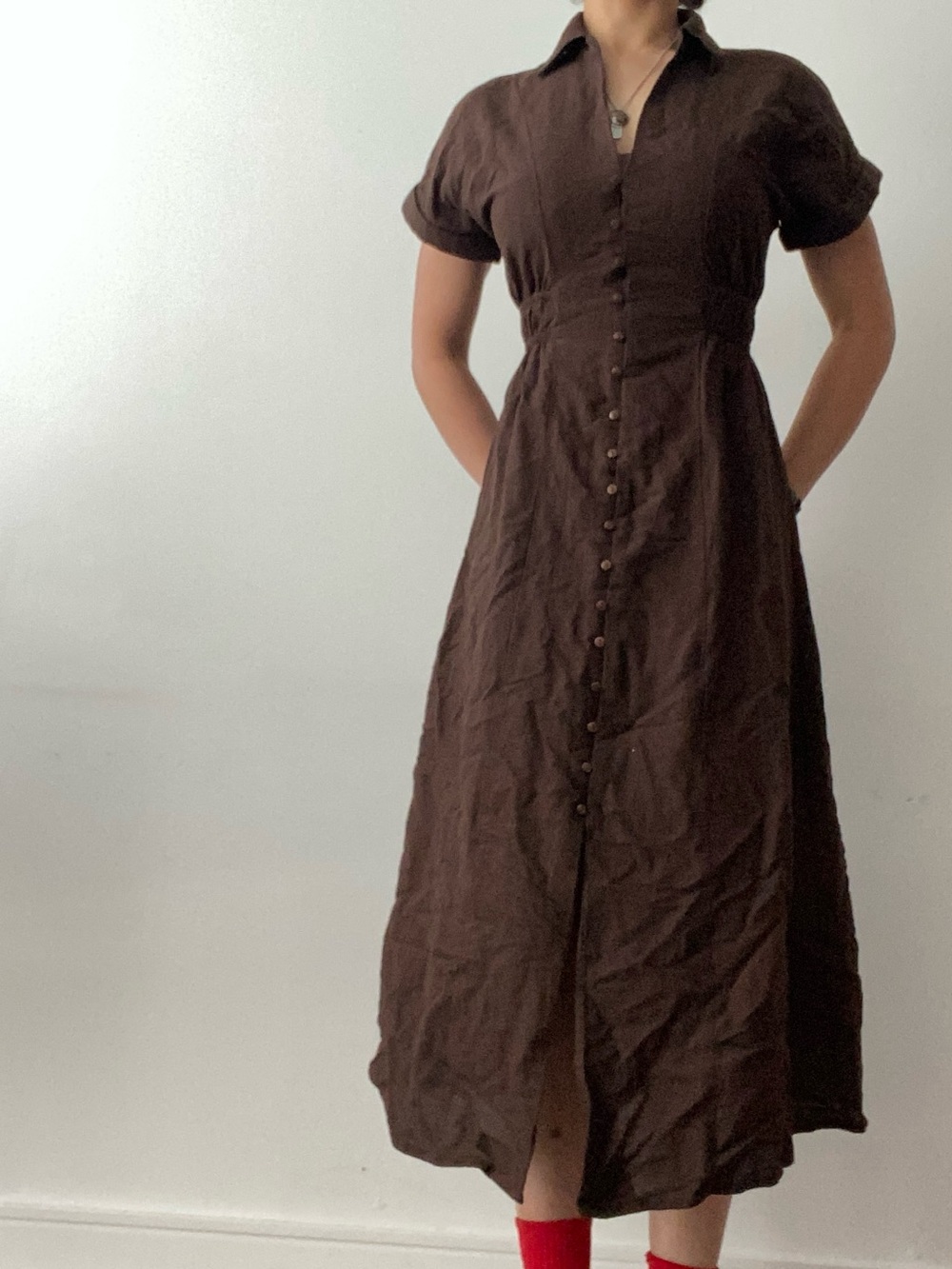 Women's Brown Button-Front Midi Shirt Dress